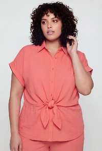 Plus Crepe Knit Tie Front Detail Button Shirt