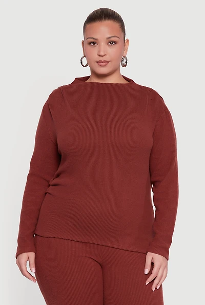 Womens Plus Brushed Rib Knit Asymmetrical Hem Blouse, Brown,