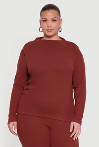 Womens Plus Brushed Rib Knit Asymmetrical Hem Blouse, Brown,