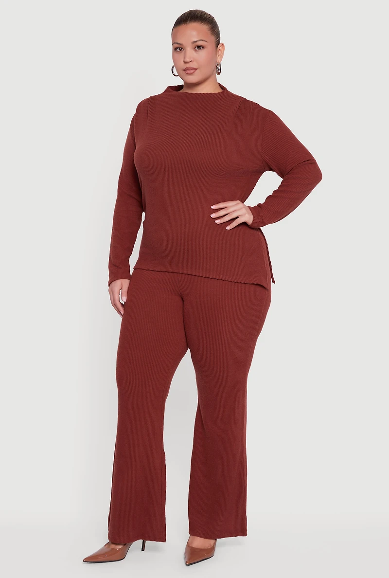 Womens Plus Brushed Rib Knit Asymmetrical Hem Blouse, Brown,