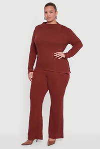 Womens Plus Brushed Rib Knit Asymmetrical Hem Blouse, Brown,