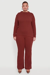 Womens Plus Brushed Rib Knit Asymmetrical Hem Blouse, Brown,