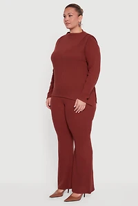 Womens Plus Brushed Rib Knit Asymmetrical Hem Blouse, Brown,