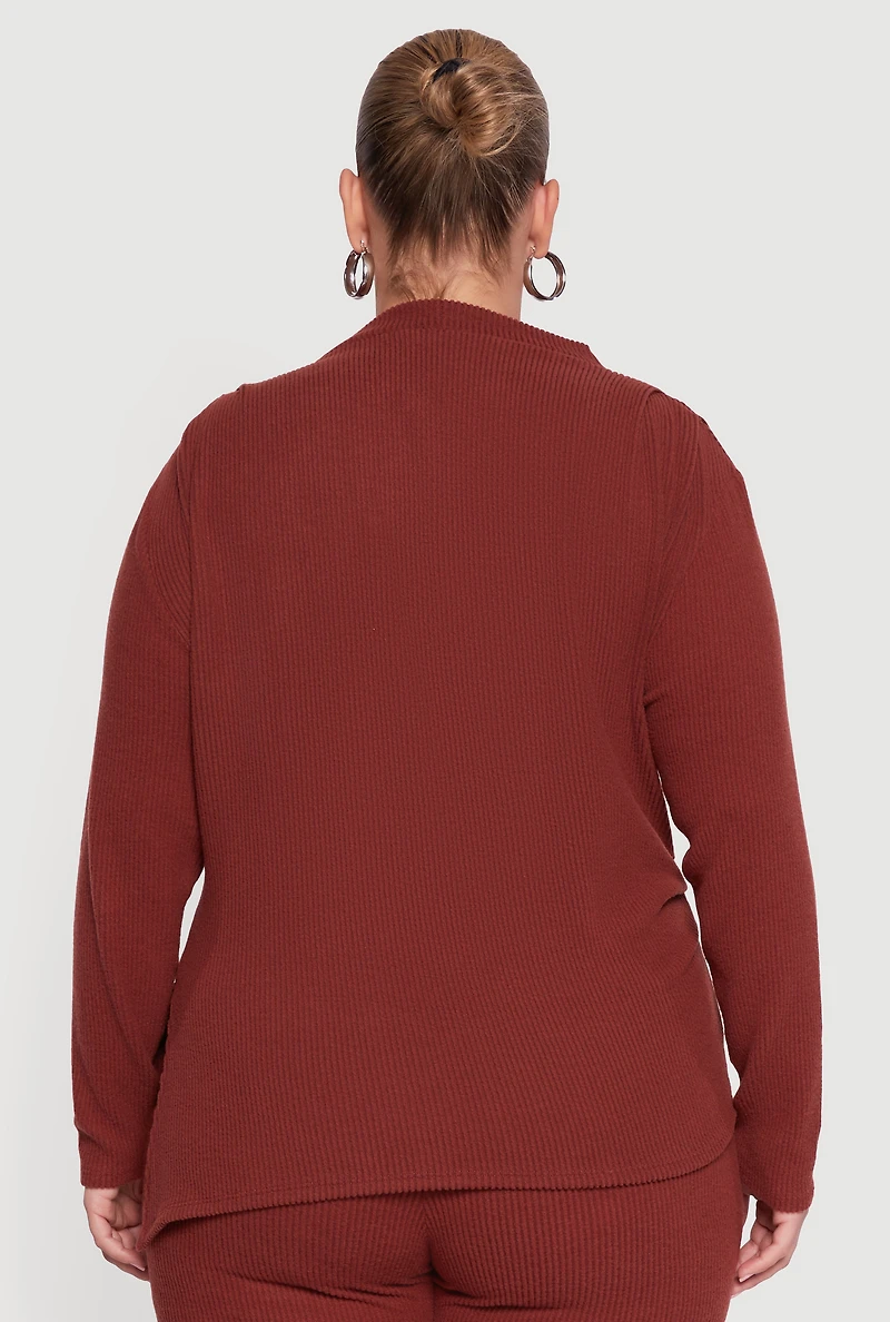 Womens Plus Brushed Rib Knit Asymmetrical Hem Blouse, Brown,