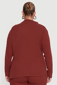 Womens Plus Brushed Rib Knit Asymmetrical Hem Blouse, Brown,