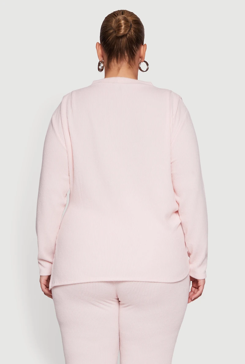 Plus Brushed Rib Knit Asymmetrical Hem Blouse