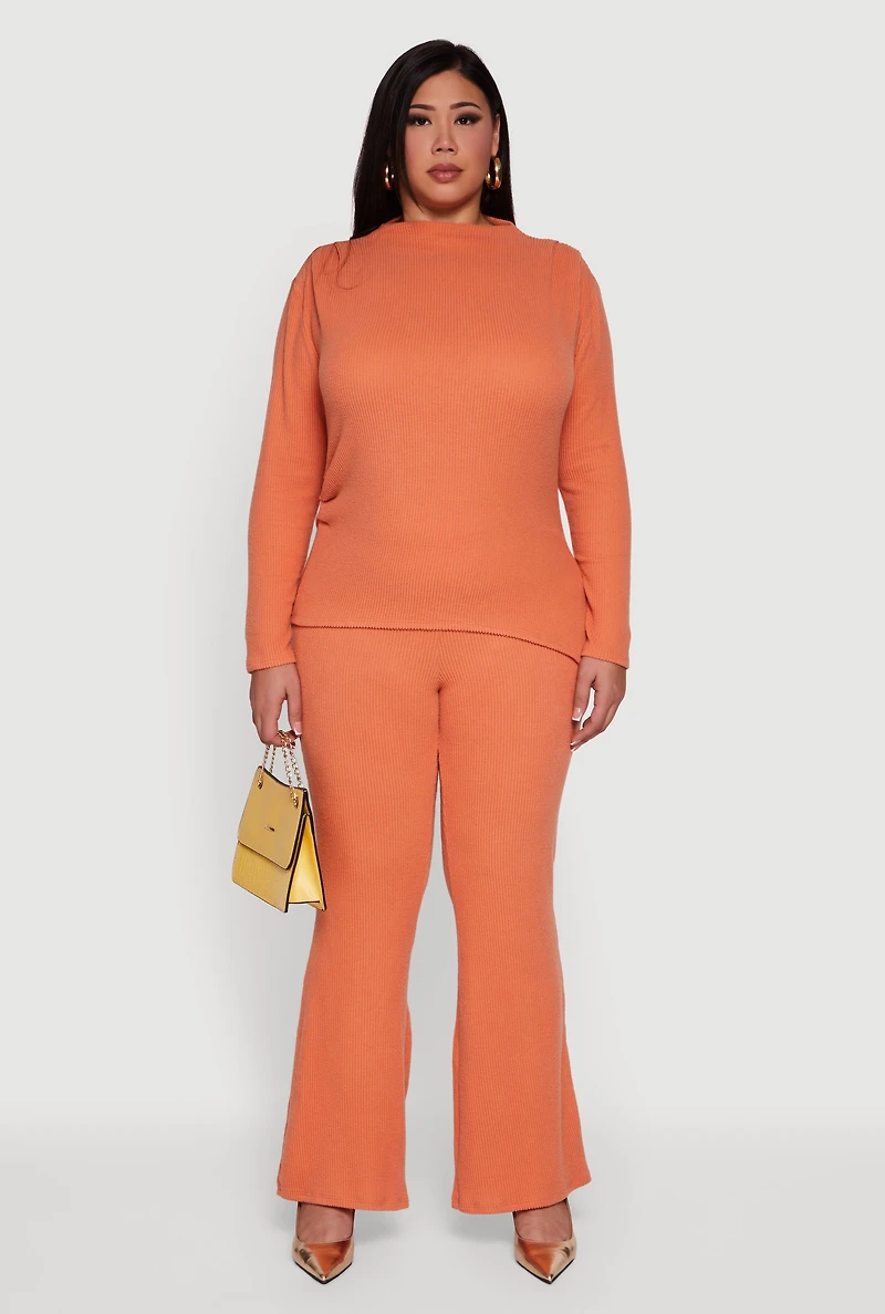 Womens Plus Size Brushed Rib Knit Asymmetrical Hem Blouse, Orange, Size 2X