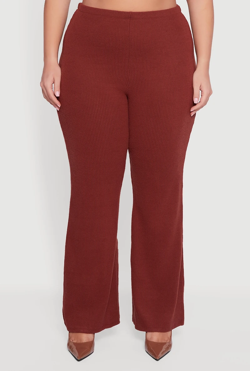 Plus Brushed Rib Knit Pull On Wide Leg Pants