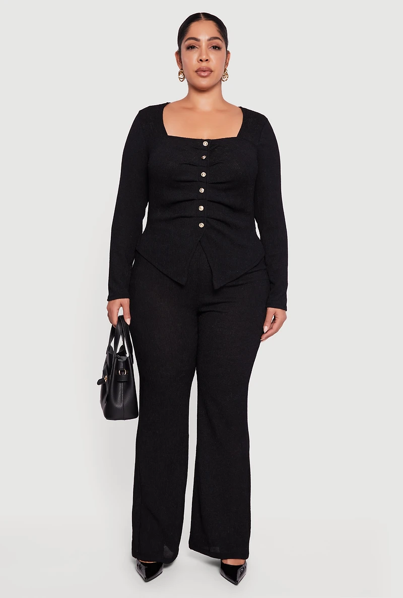 Plus Textured Knit Ruched Square Neck Blouse