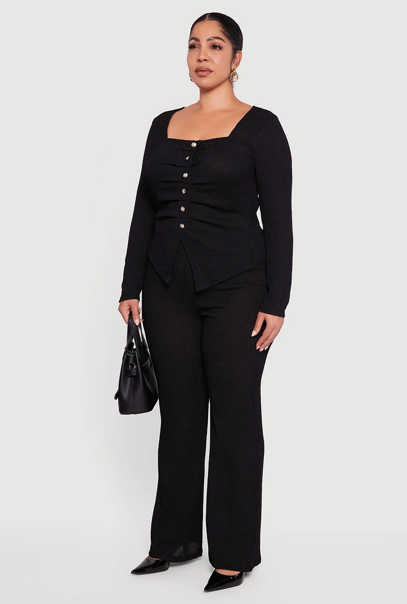 Plus Textured Knit Ruched Square Neck Blouse