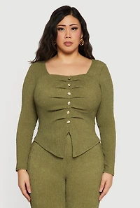 Plus Textured Knit Ruched Square Neck Blouse