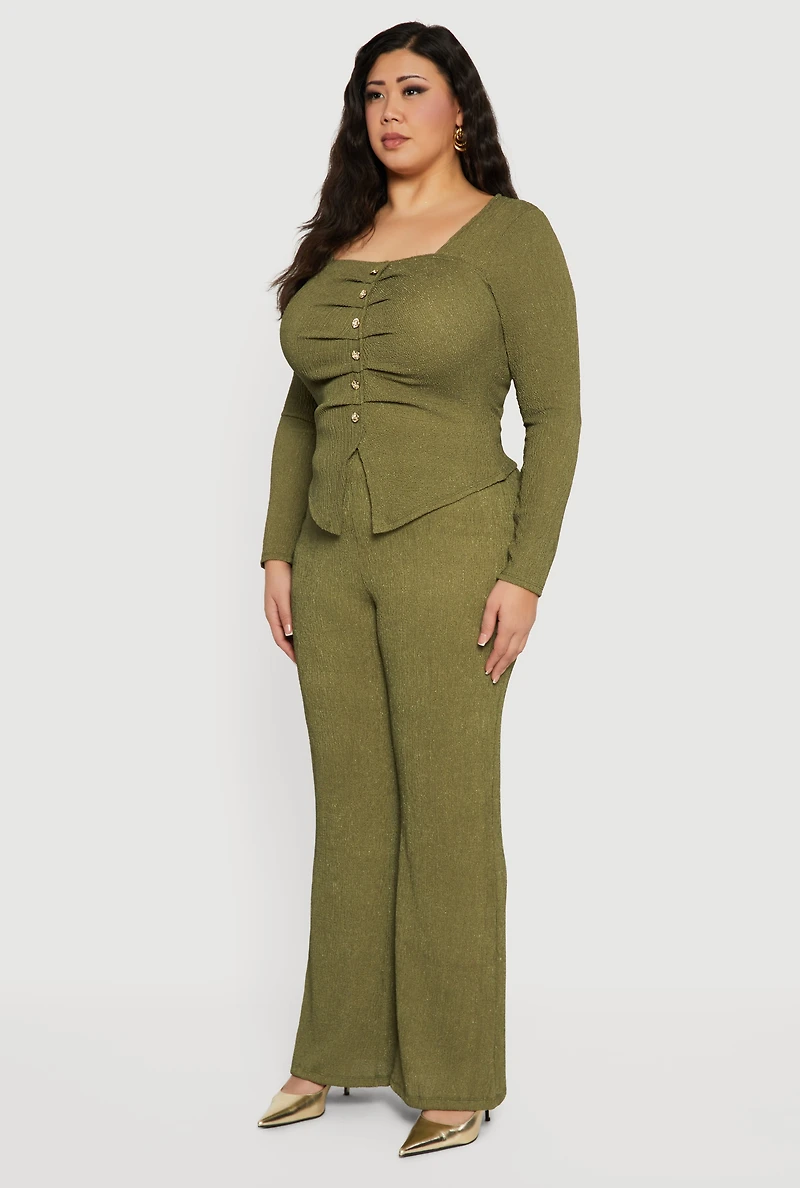 Womens Plus Textured Knit Ruched Square Neck Blouse,