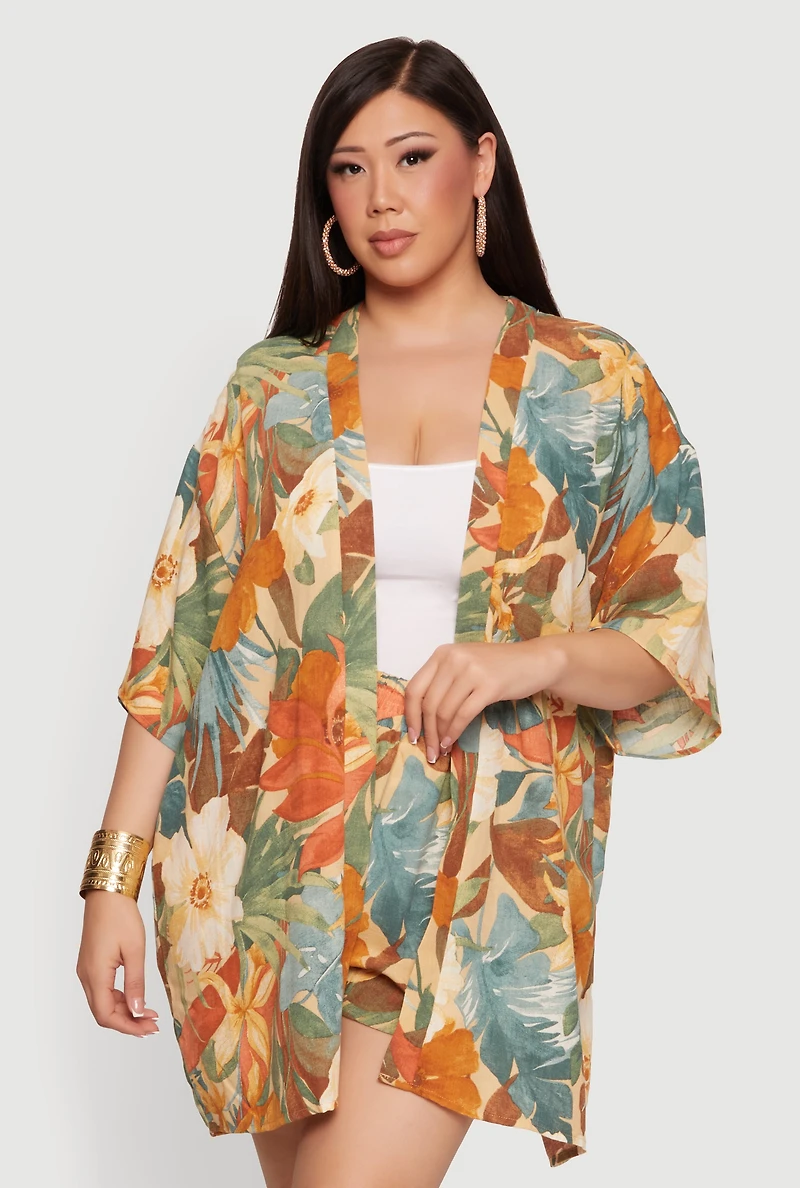 Plus Floral Print Drop Shoulder Kimono