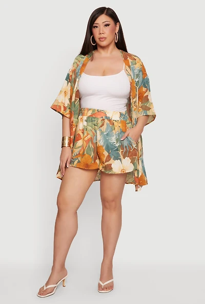Plus Floral Print High Waisted Shorts