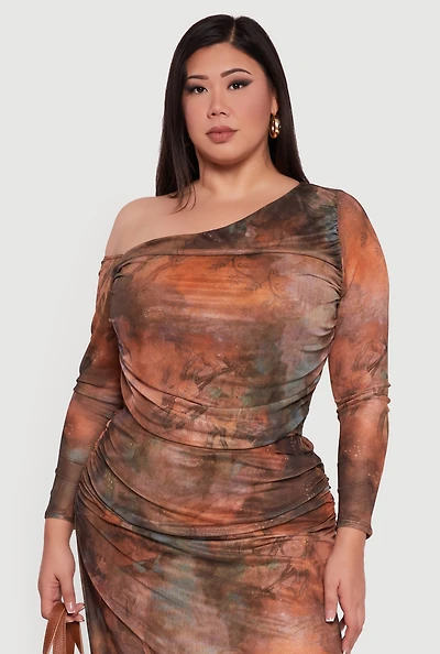 Plus One Shoulder Side Ruched Crop Top