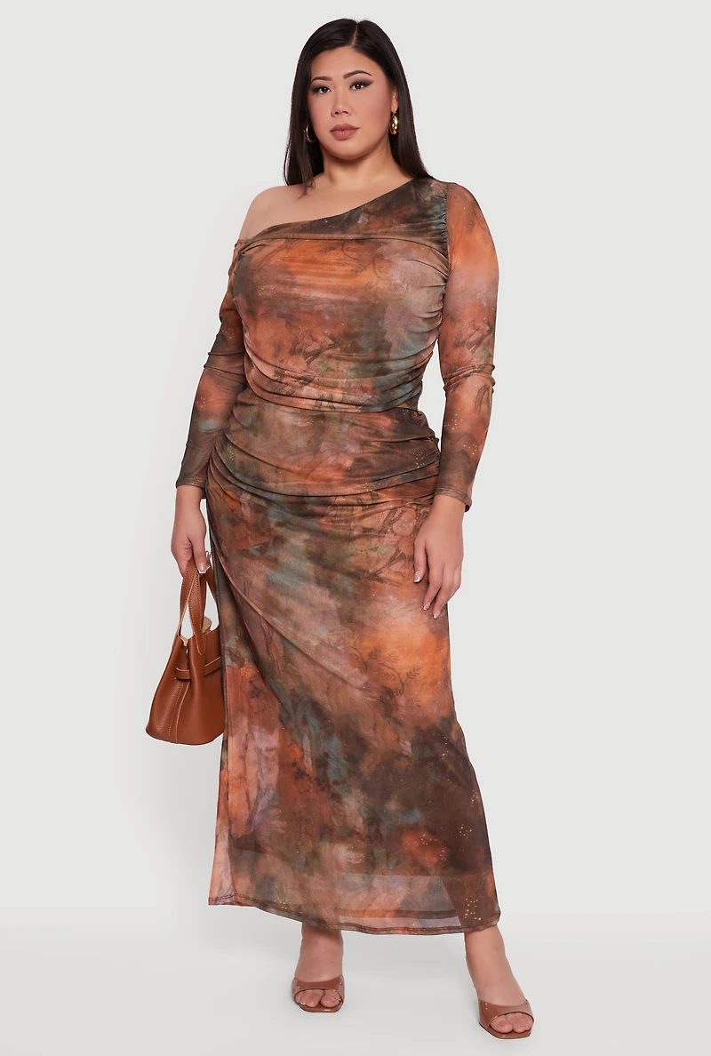 Plus Patterned High Waisted Mesh Maxi Skirt