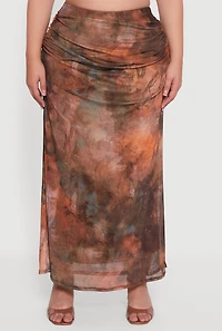 Plus Patterned High Waisted Mesh Maxi Skirt