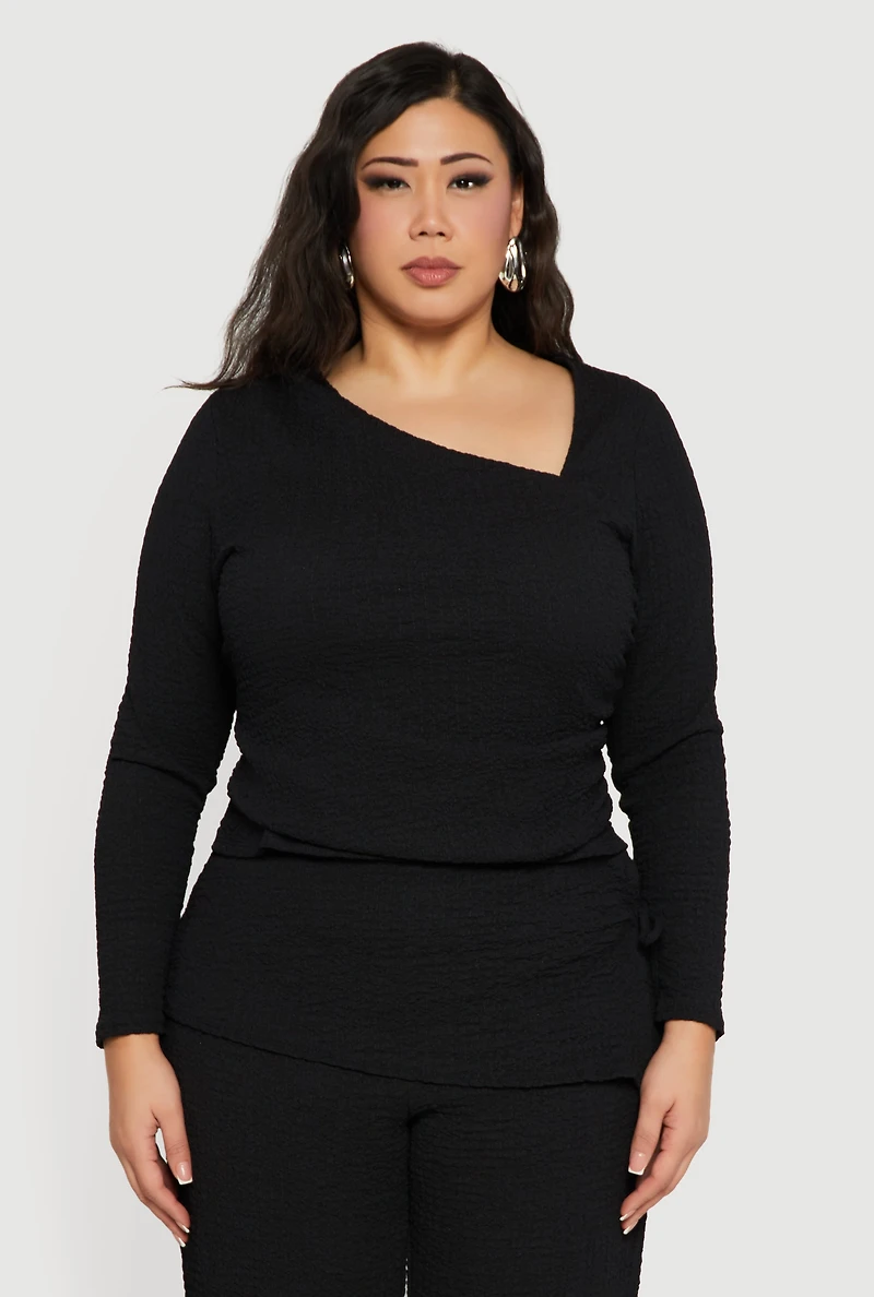 Plus Asymmetrical Neck Long Sleeve Blouse