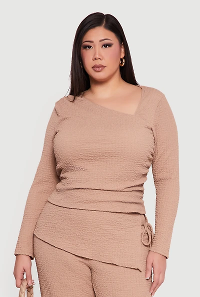 Womens Plus Size Asymmetrical Neck Long Sleeve Blouse, Beige, Size 3X