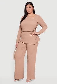 Womens Plus Size Asymmetrical Neck Long Sleeve Blouse, Beige, Size 3X