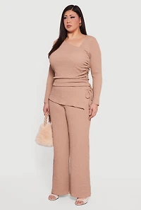 Womens Plus Size Asymmetrical Neck Long Sleeve Blouse, Beige, Size 3X