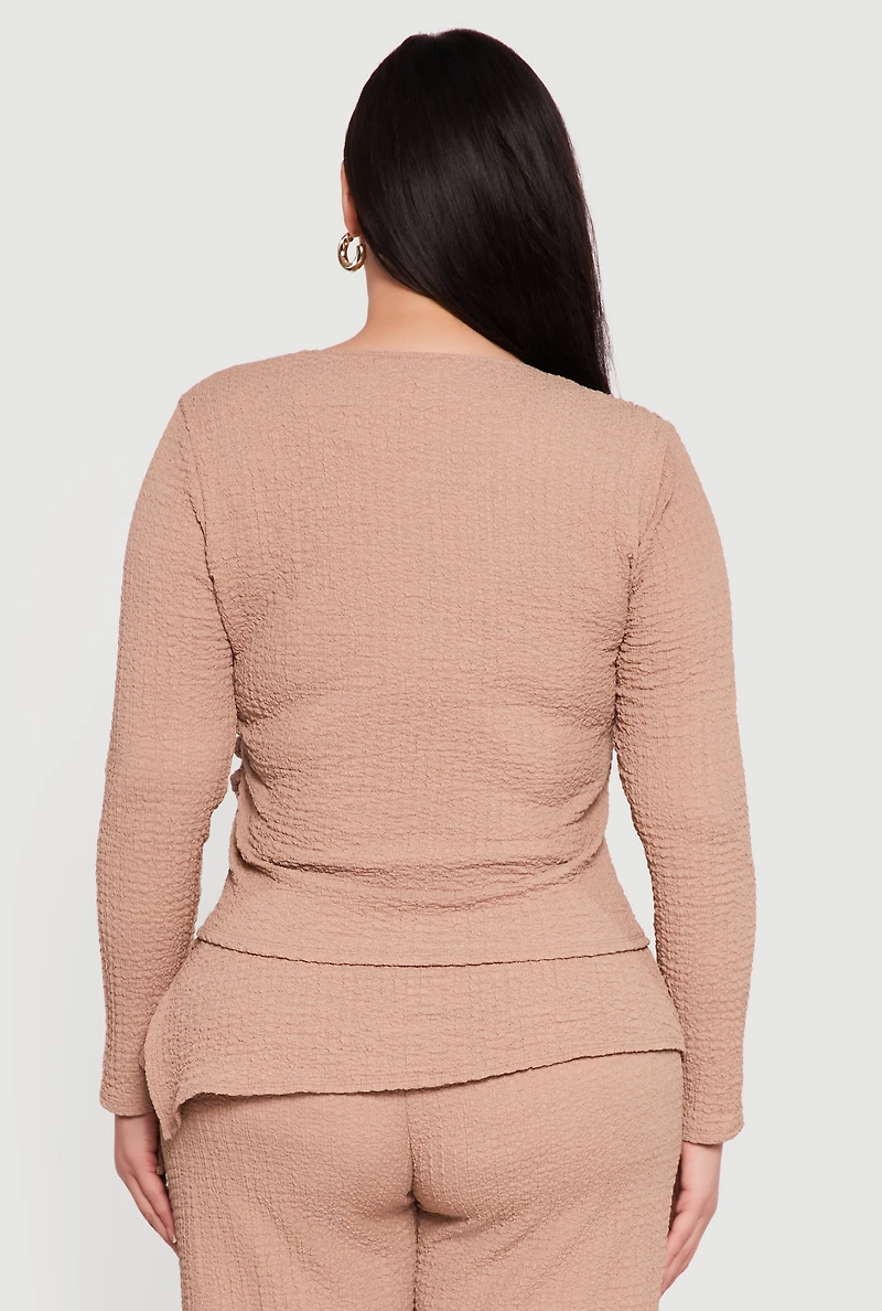 Womens Plus Size Asymmetrical Neck Long Sleeve Blouse, Beige, Size 3X