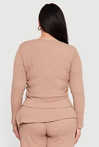 Womens Plus Size Asymmetrical Neck Long Sleeve Blouse, Beige, Size 3X