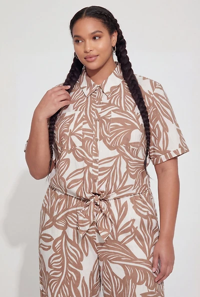 Plus Abstract Leaf Print Tie Front Shirt