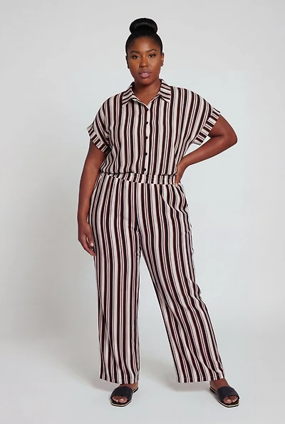 Plus Crepe Knit Striped Wide Leg Pants