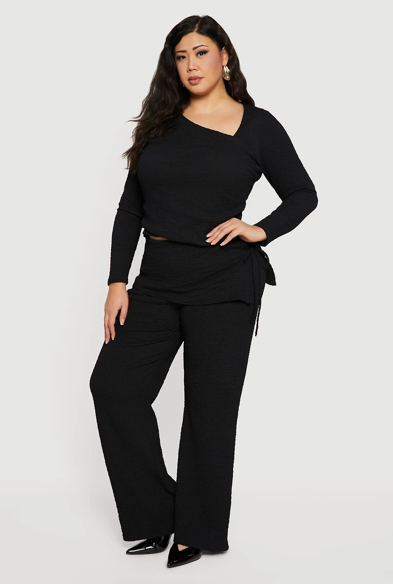 Womens Plus High Waisted Side Tie Fold Over Pants,