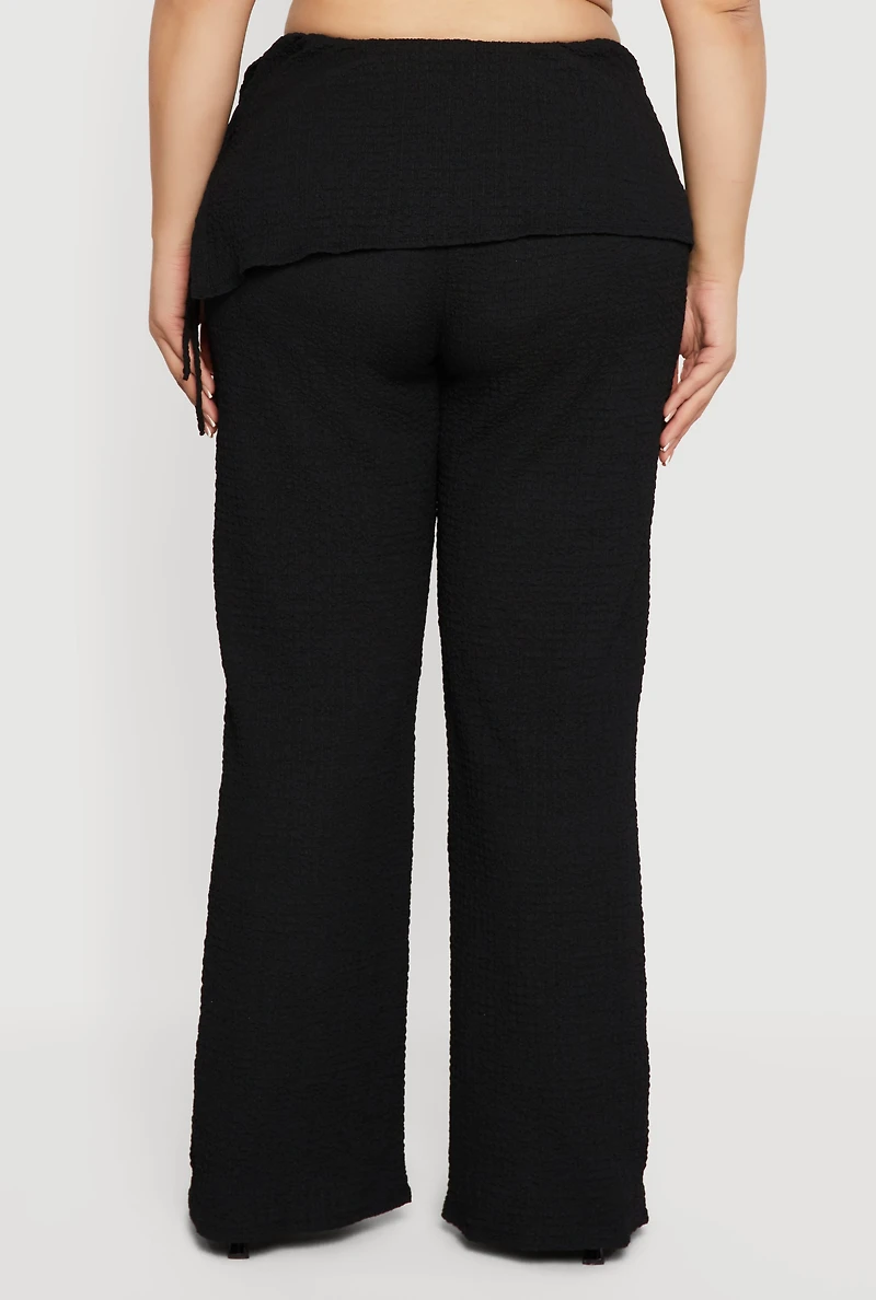 Womens Plus High Waisted Side Tie Fold Over Pants,