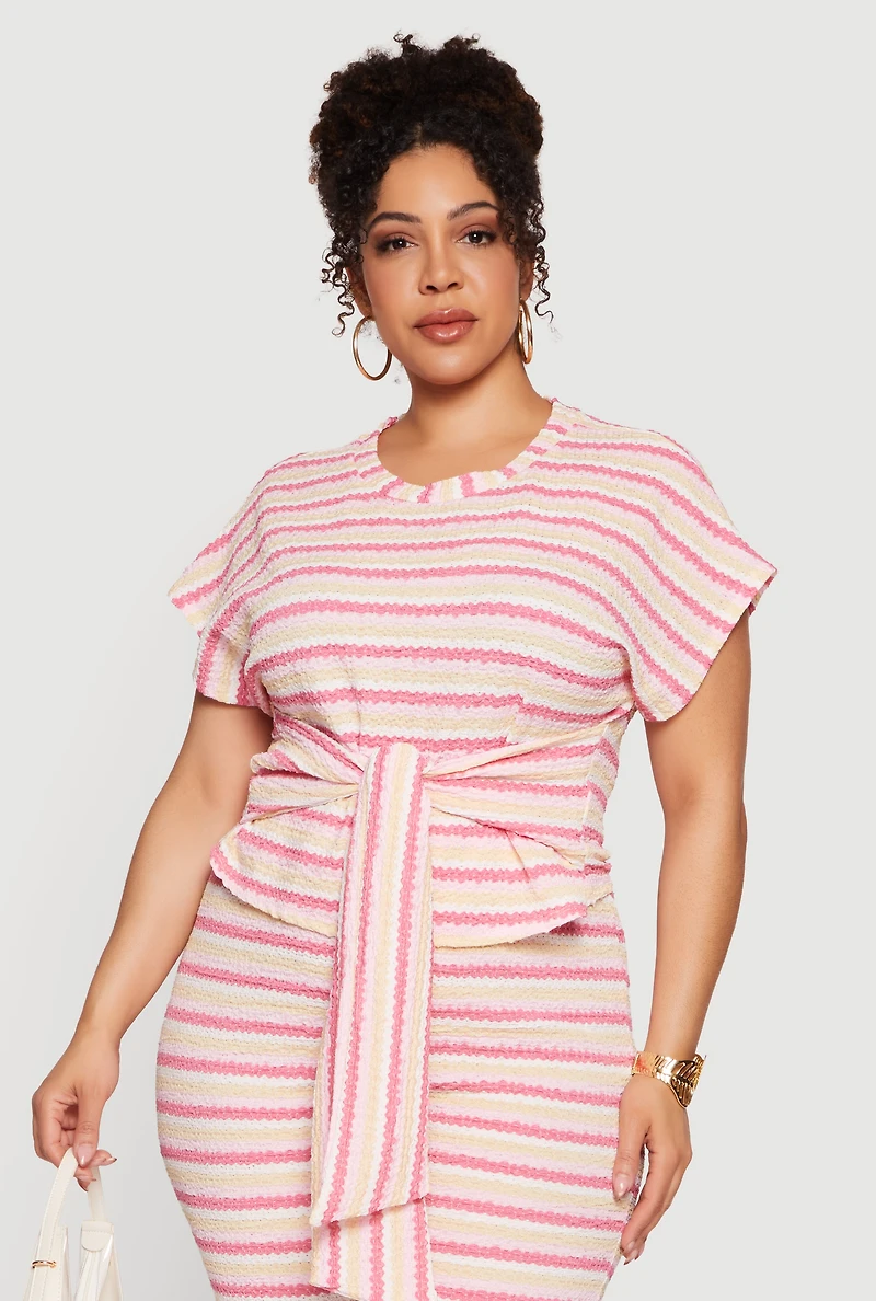 Plus Striped Textured Knit Tie Waist Blouse