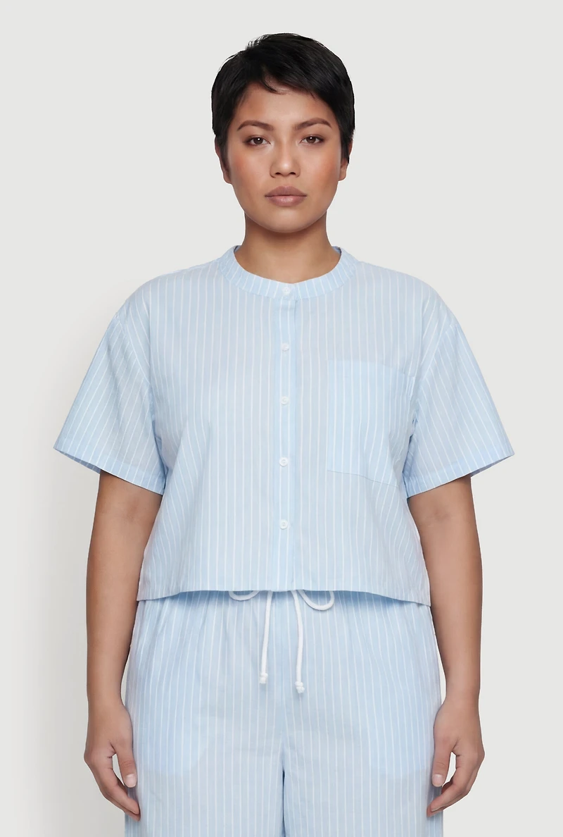 Plus Striped Poplin Button Front Short Sleeve Shirt