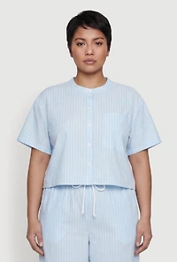 Plus Striped Poplin Button Front Short Sleeve Shirt