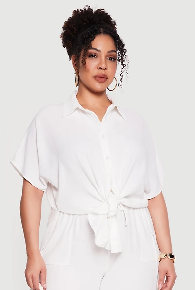 Plus Crepe Knit Tie Front Shirt