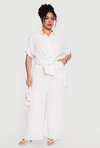 Plus Crepe Knit High Waisted Wide Leg Pants