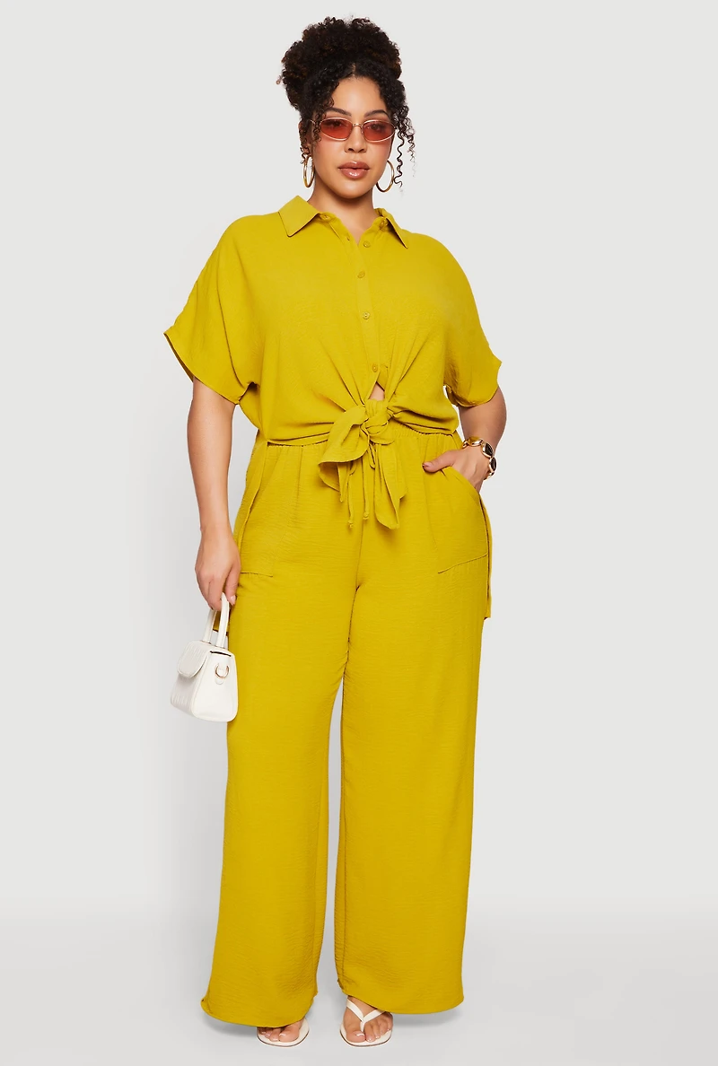 Plus Crepe Knit High Waisted Wide Leg Pants