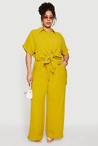Plus Crepe Knit High Waisted Wide Leg Pants