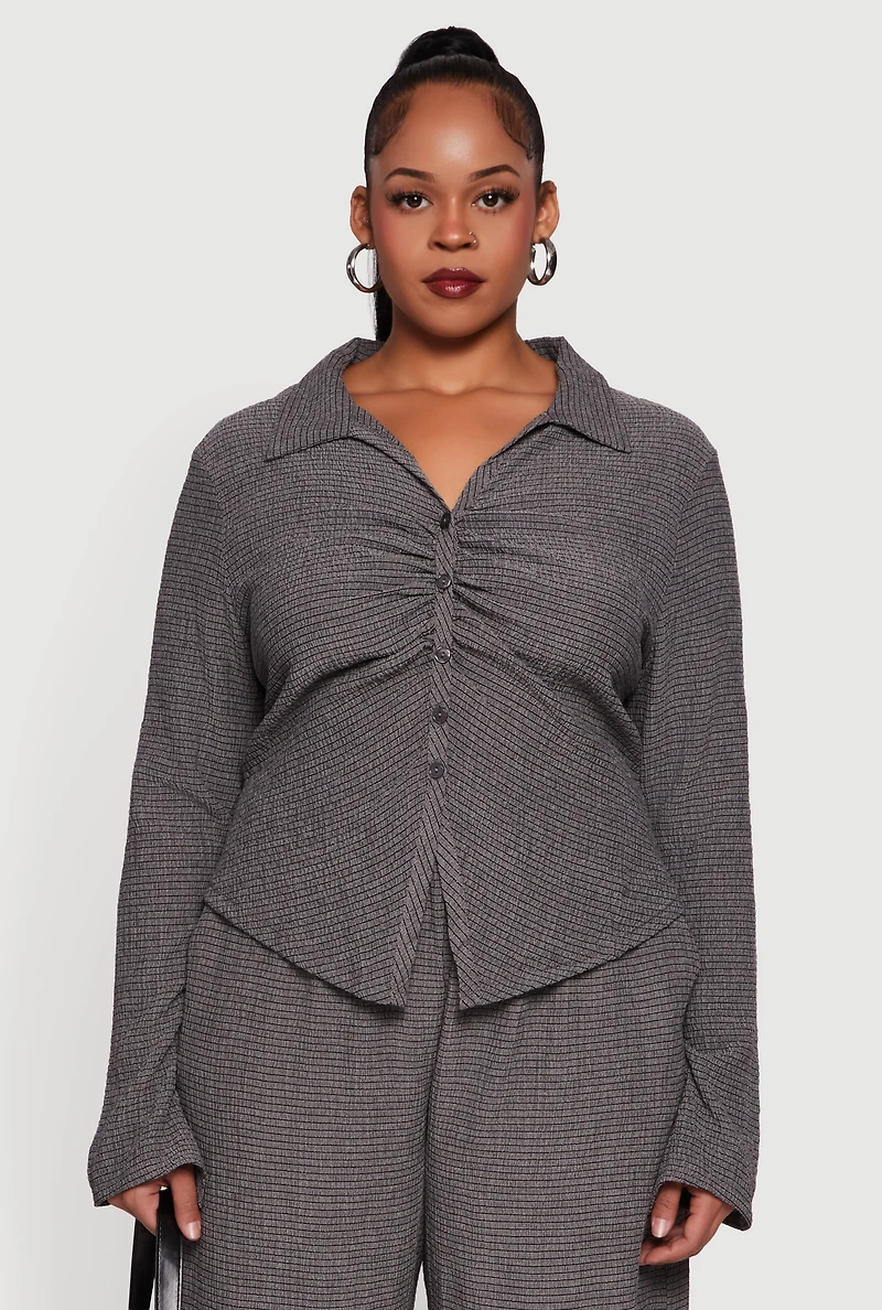 Womens Plus Textured Knit Ruched Button Front Shirt, Grey,