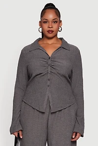 Womens Plus Textured Knit Ruched Button Front Shirt, Grey,