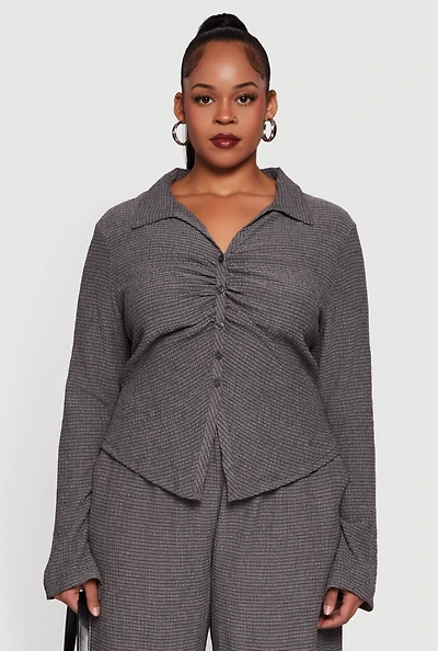 Plus Textured Knit Ruched Button Front Shirt