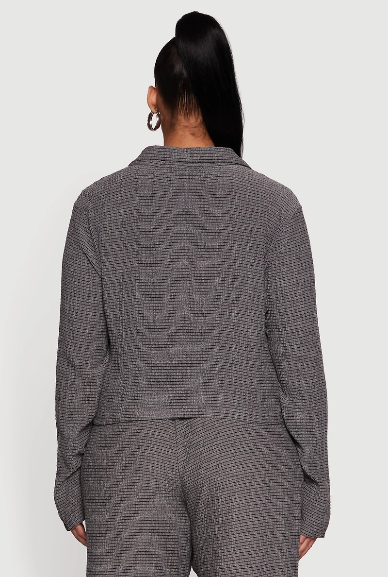 Womens Plus Textured Knit Ruched Button Front Shirt, Grey,