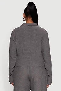 Womens Plus Textured Knit Ruched Button Front Shirt, Grey,