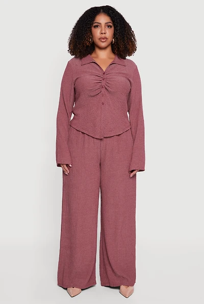 Womens Plus Textured Knit Ruched Button Front Shirt,