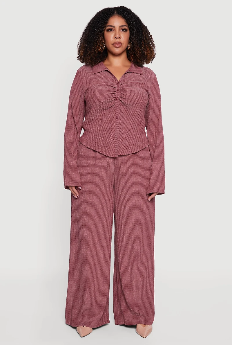 Plus Textured Knit Ruched Button Front Shirt