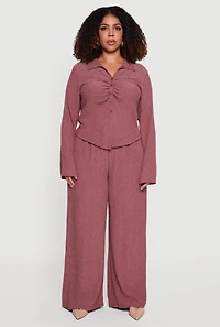 Plus Textured Knit Ruched Button Front Shirt