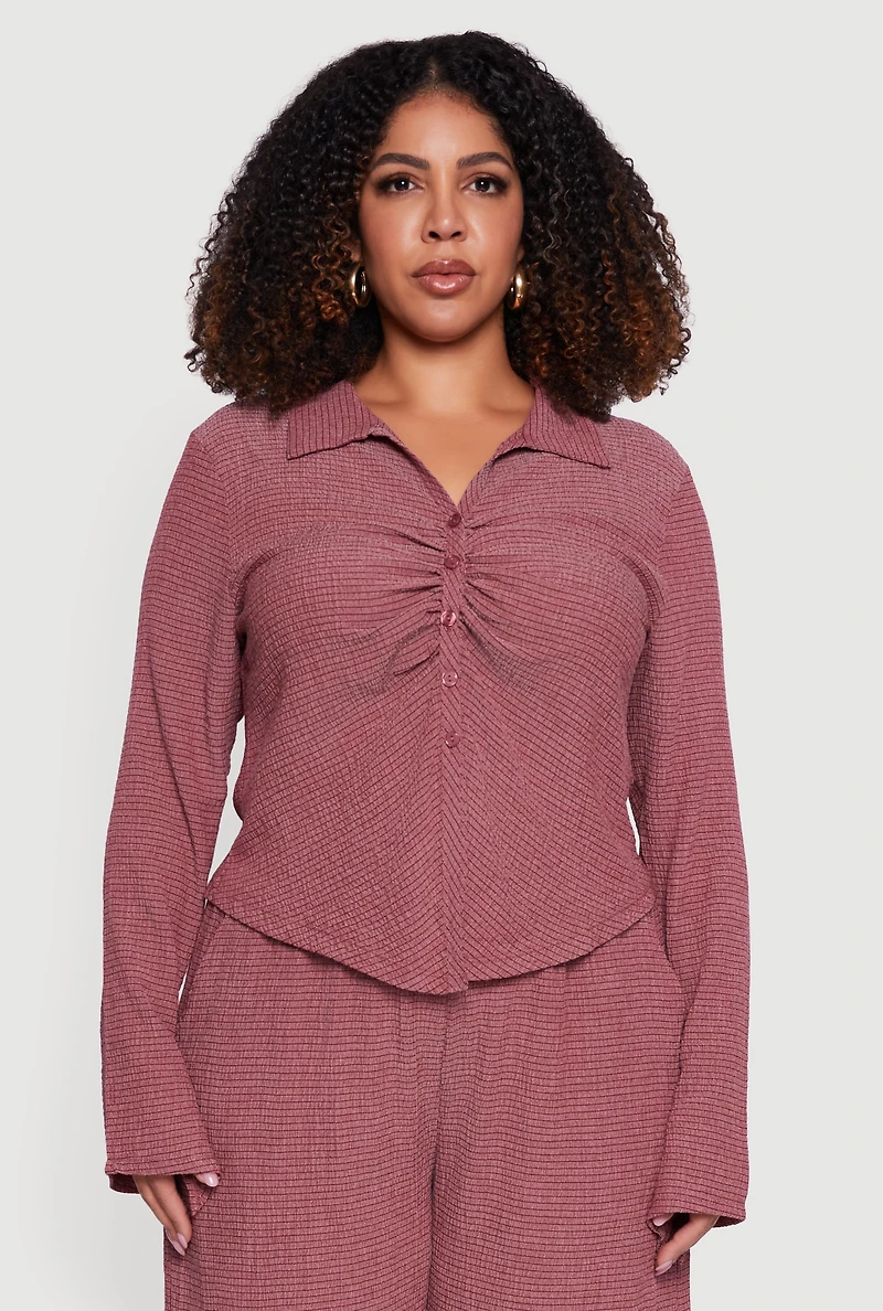Plus Textured Knit Ruched Button Front Shirt