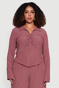 Plus Textured Knit Ruched Button Front Shirt
