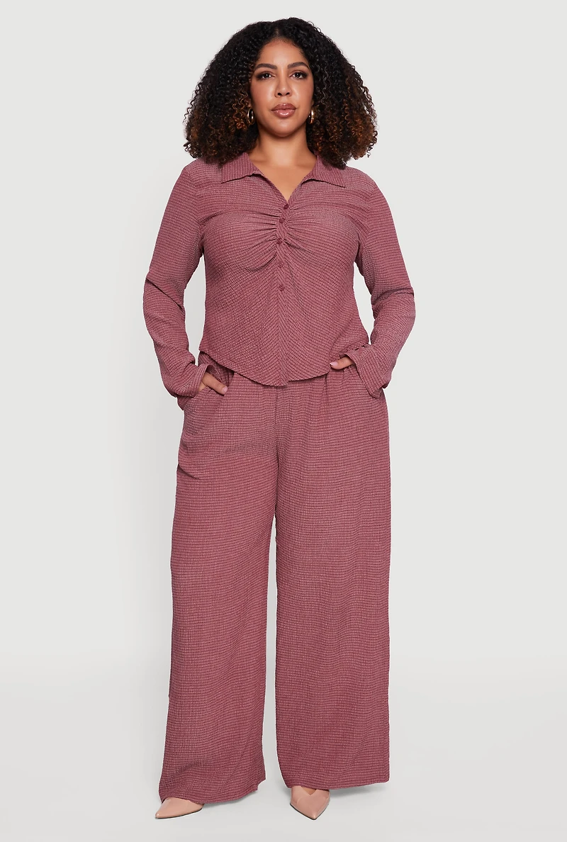 Plus Textured Knit Ruched Button Front Shirt