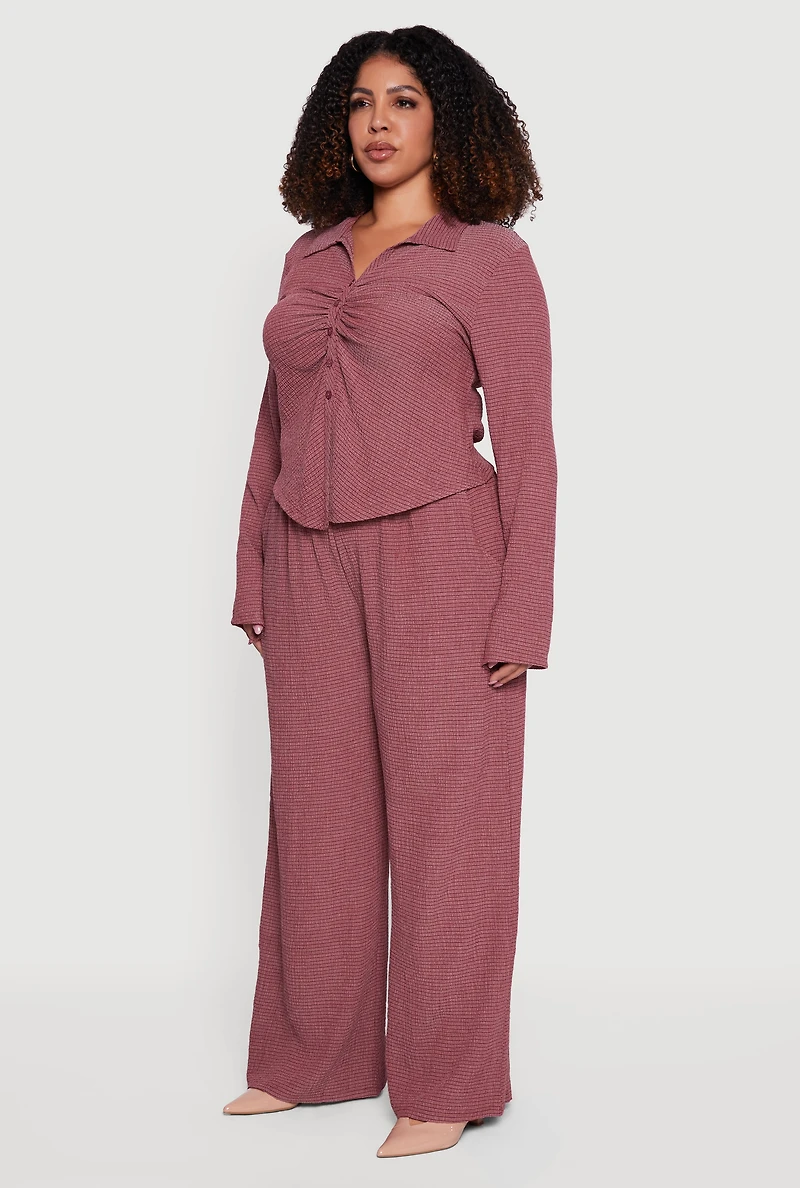 Plus Textured Knit Ruched Button Front Shirt